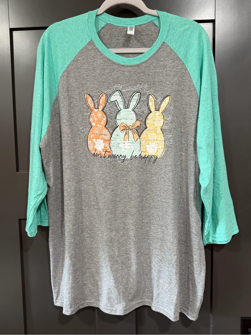 Jerzees Gray & Mint Raglan Tee with Pastel Bunny Trio